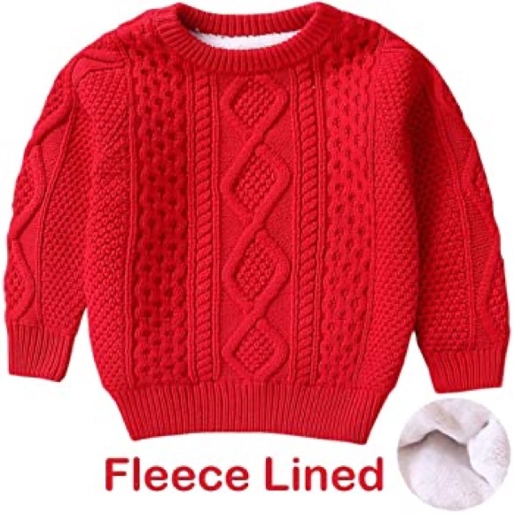 NEW Unisex Red Cable Knit Fleece Lined Sweater - Picture 2 of 3